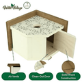 Wild Wings Family Funzoo dog playhouse shown on a white background with feature callouts: air vents, clean-out door, and solid wood construction. The playhouse has an off-white body with a gray floral pattern on the top, a light wood frame, and an open door revealing the interior.