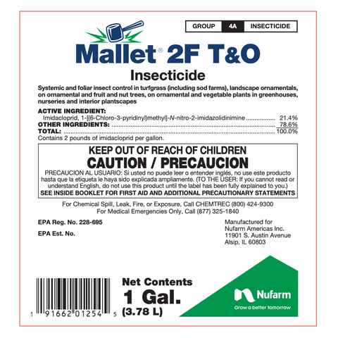 Heritage Professional Mallet 2F T&O Imidacloprid insecticide for lawn and turf, showing the product bottle and label.