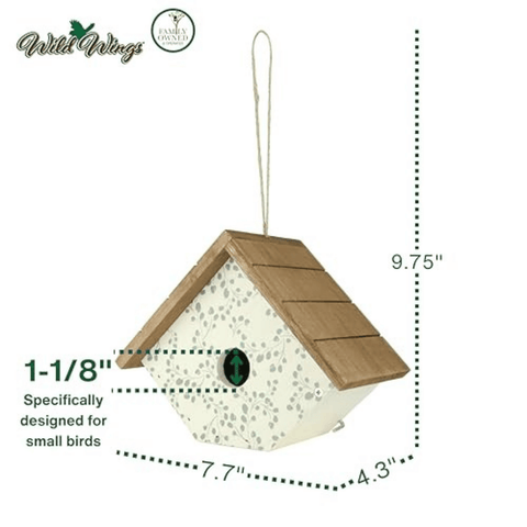 A small birdhouse with a white speckled body, brown wood-look roof, and hanging string, shown with dimension lines and text indicating measurements of 9.75 inches tall, 7.