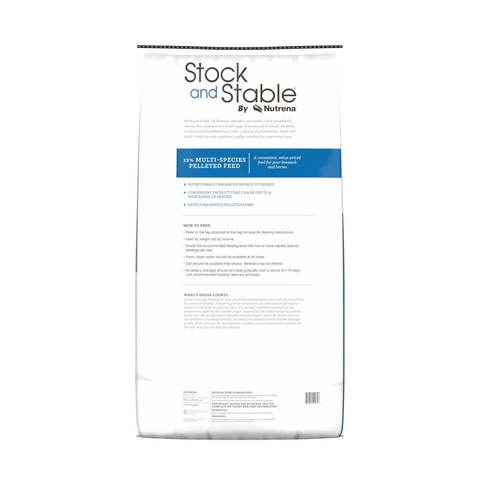Cargill Stock and Stable 12% Multi-Species Pelleted Horse Feed in a bag, designed for multi-species livestock nutrition.
