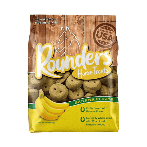 Blue Seal Banana Rounders horse treats in a 30 oz bag, featuring banana-shaped treats for horses.
