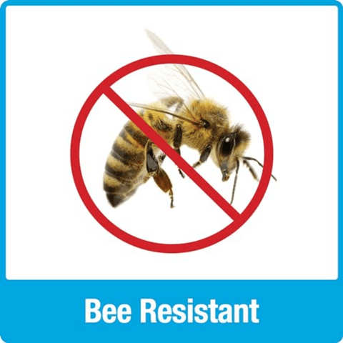 Icon of a bee with a red circle and line through it, indicating 'bee resistant'.
