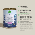 Can of Open Farm Surf & Turf Recipe pet food with label details on a beige background