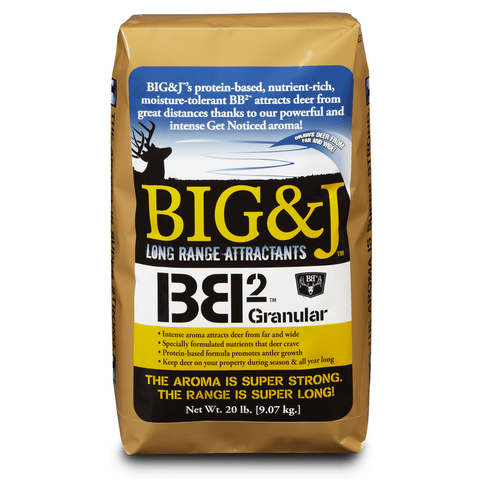 Big &J BB2 Enhance Corn and Pellet Deer Attractant in 20 lb bag, with colorful attractant pellets and corn for wildlife feeding.