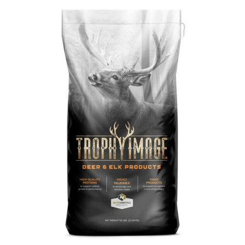 Deer feeding on Trophy Image® 18 Deer/Elk Feed by The Mill, 50 lb bag with multiple deer gathered around in a natural setting.