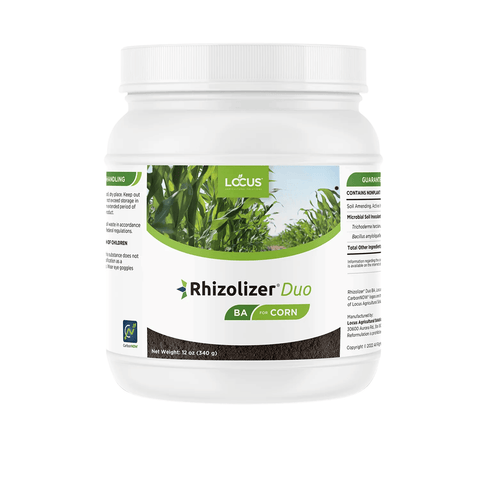 Locus Ag Rhizolizer® Duo crop chemical packet for corn with label and product information on a white background.
