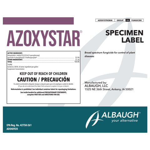 Albaugh AzoxyStar fungicide for lawn and turf, featuring 22.9% azoxystrobin, shown in a container with green grass background.