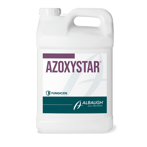 Albaugh AzoxyStar Fungicide for lawns and turf, featuring 22.9% Azoxystrobin, shown in a green turf setting.