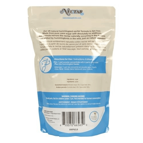 Back view of a Nectar brand all-natural hummingbird nectar powder pouch, showing product details, directions, ingredients, and a barcode on a white background.