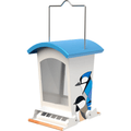 Bird feeder with blue roof and bird design on a white background