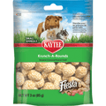 A 3 oz bag of Kaytee Krunch-A-Rounds Fiesta Sesame Covered Peanut Treat for small animals, featuring a green and blue package design with pictures of guinea pigs and hamsters.