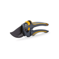 A pair of pruning shears with a dark gray and yellow color scheme, featuring the brand name 'Woodland' and logo on the blade, set against a plain white background.