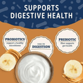 A promotional graphic for a digestive health product. A bowl filled with white yogurt is centered on an orange background, with banana slices and peanut butter slices around it.
