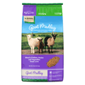 A 40 lb bag of Goet Medley Complete Textured Feed for all goats, featuring a purple and blue bag with images of three goats (white, brown, and black) in a field, and a small pile of the textured feed.