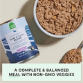 Can of Open Farm pet food with a bowl of the product on a beige background