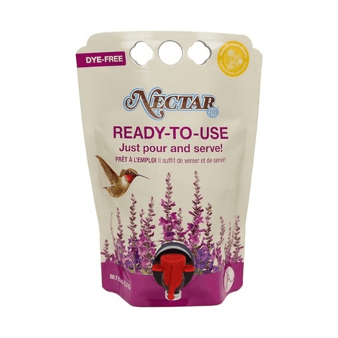 Clear hummingbird nectar in a 51 oz bottle, ready-to-use wild bird food from Nature’s Way Nectar Series by Bradley Caldwell Inc.