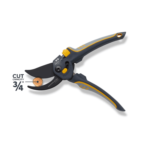 Gardening pruner with cut capacity indicator on a white background