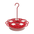 Red bird feeder with floral designs and a hanging hook on a white background
