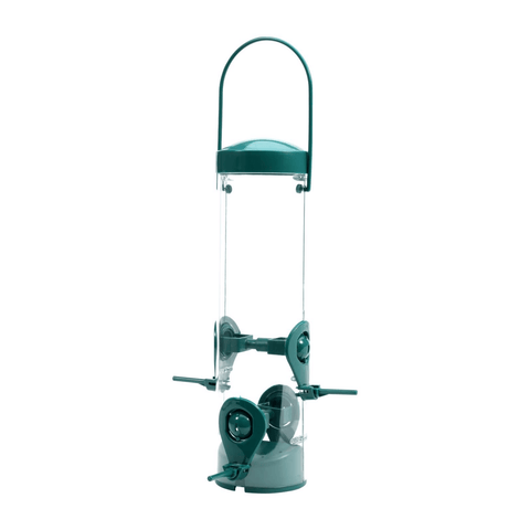 Green bird feeder on a white background