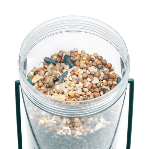 Clear container filled with birdseed on a white background
