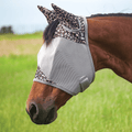 Cashel Crusader patterned fly mask with ears for small ponies, featuring a leopard print design on horse protection gear.