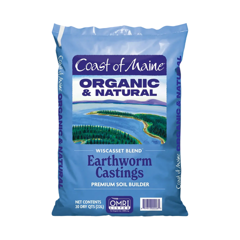 Coast of Maine earthworm castings soil in a bag, rich organic fertilizer for gardening and plant growth.