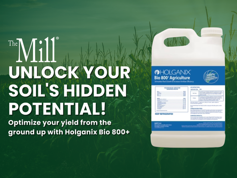 White jug with Holganix Bio 800+ label on field of corn crop with text, "unlock your soil's hidden potential!"