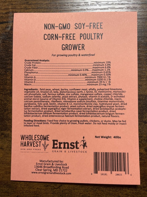 Tag for Wholesome Harvest Corn Free Soy Free Poultry Grower