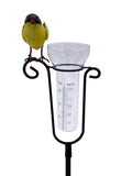 Esschert Design Finch rain gauge with stake for measuring rainfall, featuring a decorative bird design and outdoor weather monitoring.