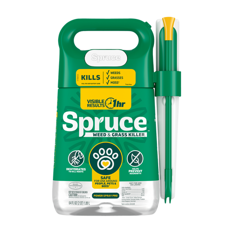 Spruce 64 oz manual weed and grass killer bottle for lawn and garden weed control, with sprayer nozzle attached.