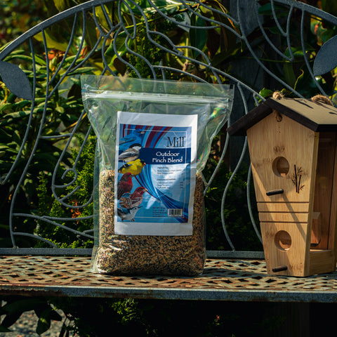 A clear plastic bag of Outdoor Finch Blend birdseed sits on a metal garden table next to a wooden birdhouse, with a decorative metal garden bench and green foliage in the background.