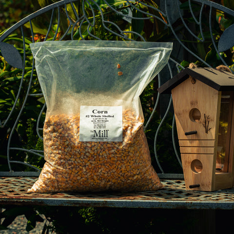 A clear plastic bag filled with corn kernels sits on a metal garden bench outdoors, next to a wooden birdhouse. The bag has a white label reading 'Corn #2 Whole Maized' and the brand 'The Mill'.