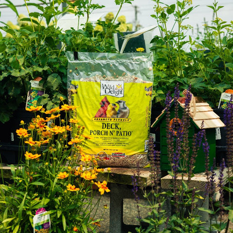 A yellow labeled bag of wild delight Deck, Porch N' Patio bird seed in a garden