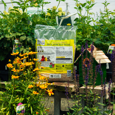 A bag of Wild Delight Deck, Porch & Patio bird seed surrounded by a bird house and garden