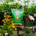 A bag of Wild Delight Nut 'N' Berry advanced formulated birdseed sits on a wooden table in a garden nursery setting, surrounded by green foliage, yellow flowers, and a small birdhouse.