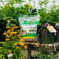 A bag of Wild Delight Nut 'N Berry composted compost in a garden setting, surrounded by green plants, yellow flowers, and a small wooden birdhouse.