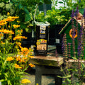 A bag of Wild Delight 'Bugs 'N' Berries' suet block placed on a rustic wooden table in a garden setting, surrounded by yellow flowers, green foliage, and a green birdhouse.