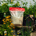 A bag of Birds Luv 'Em Sunflower Meats Seeds displayed on a wooden stand in a garden nursery setting, surrounded by plants, flowers, and a birdhouse.
