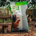 A large bag of Nutrena Country Feeds All Flock Pellet standing on a wood chip ground in a backyard with chickens visible in the background.