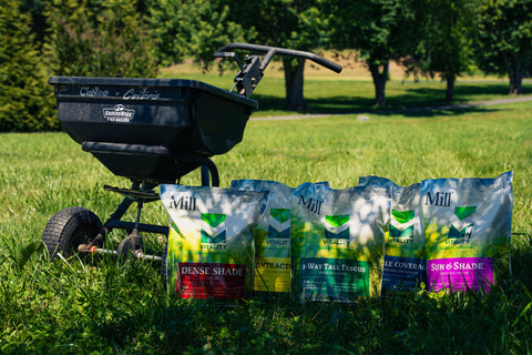 Black lawn spreader with bags of Mill lawn fertilizer on a grassy field