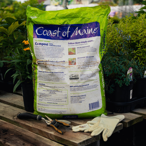 Bag of Coast of Maine compost on a wooden table with gardening tools and gloves.
