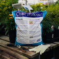 Bag of Coast of Maine planting mix on a wooden table with gardening tools and gloves.