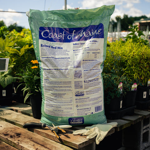 Bag of Coast of Maine Raised Bed Mix on a wooden table with gardening tools and plants in the background.