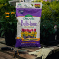 Bag of Espoma Organic Bulb-tone fertilizer on a wooden surface with gardening tools and gloves.