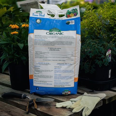 Bag of Espoma Organic Bone Meal on a wooden table with gardening tools and plants in the background