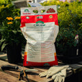 Bag of Organic Tomato-tone fertilizer on a wooden table with gardening tools and gloves, surrounded by plants.