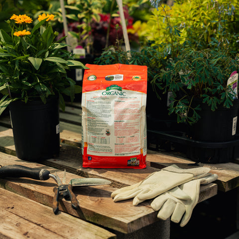Bag of organic fertilizer on a wooden table with gardening tools and gloves, surrounded by plants.