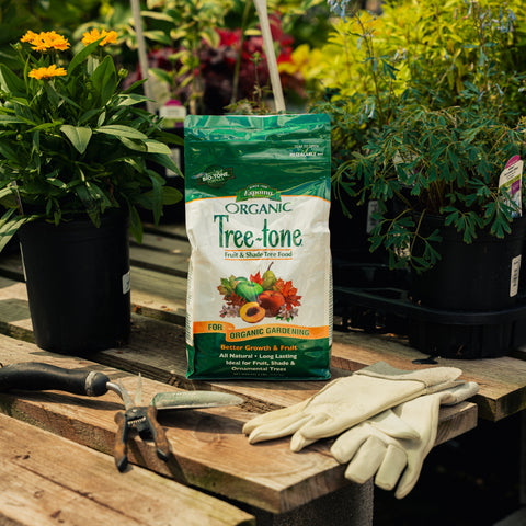 Tree-tone organic fertilizer bag on a wooden table with gardening tools and gloves, surrounded by plants.