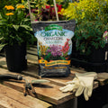 Bag of Espoma Organic Charcoal on a wooden table with gardening tools and gloves, surrounded by plants.