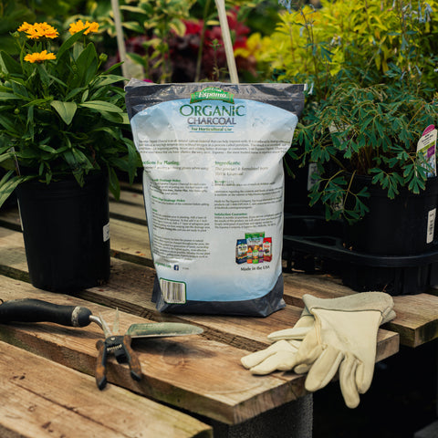 Bag of organic charcoal on a wooden table with gardening tools and gloves, surrounded by plants.